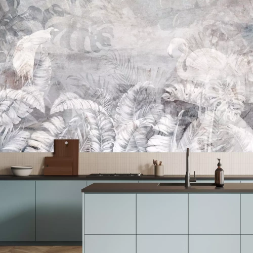 Papier peint  Végétation et oiseaux sur fond texturé