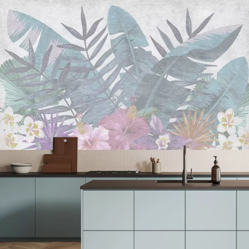 Papier peint  Fleurs exotiques et feuilles vertes