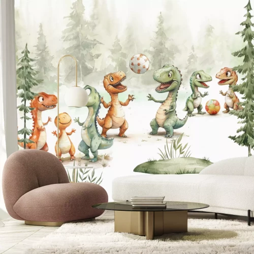 Papier peint  Dinosaures avec une balle dans une forêt aquarelle