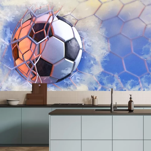 Papier peint  Une balle dans le filet sur fond bleu