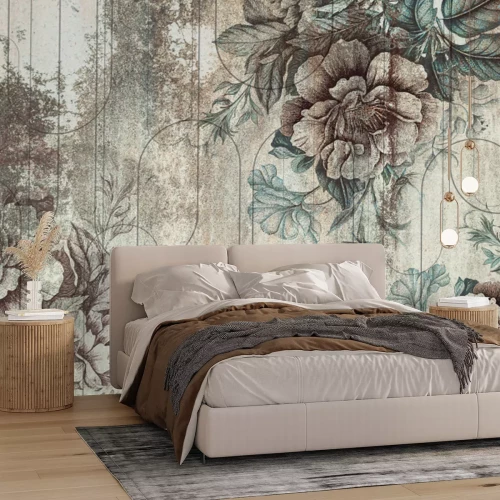 Papier peint  Motif vintage avec fleurs et géométrie