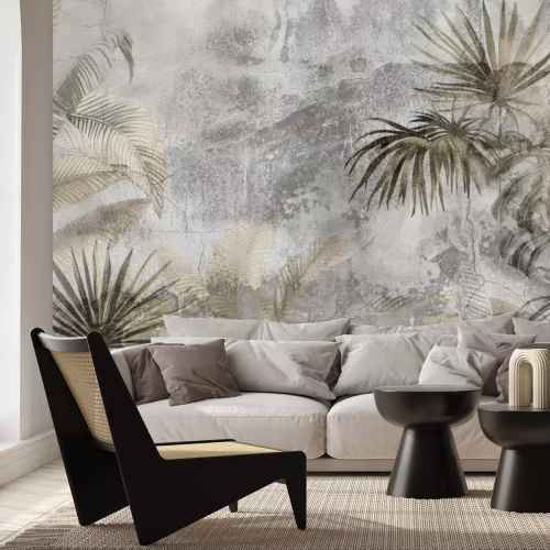 Papier peint  Composition tropicale de palmiers et de bananiers sur un fond texturé