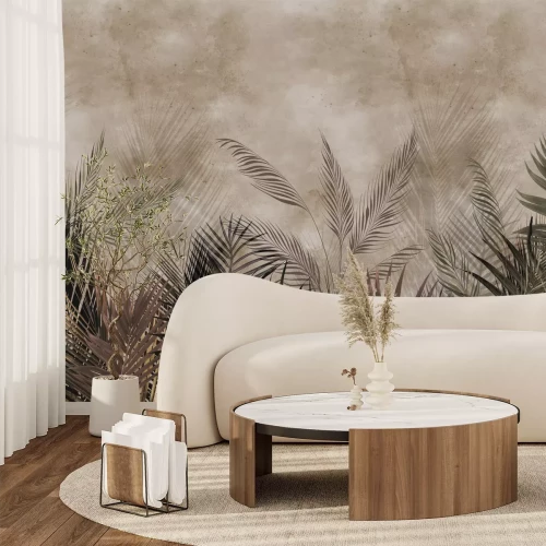 Papier peint  Composition tropicale avec des feuilles de palmier sur fond beige