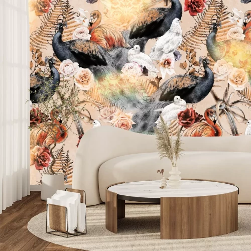 Papier peint  Une composition avec des oiseaux parmi des ornements et des fleurs