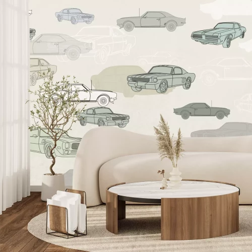 Papier peint  Voitures rétro aux tons verts