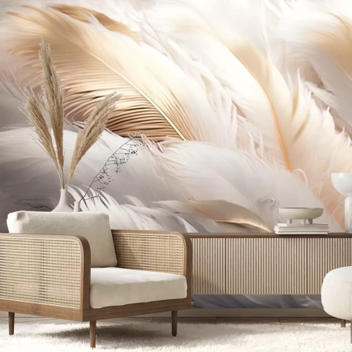 Papier peint  Une composition subtile de plumes blanches et dorées