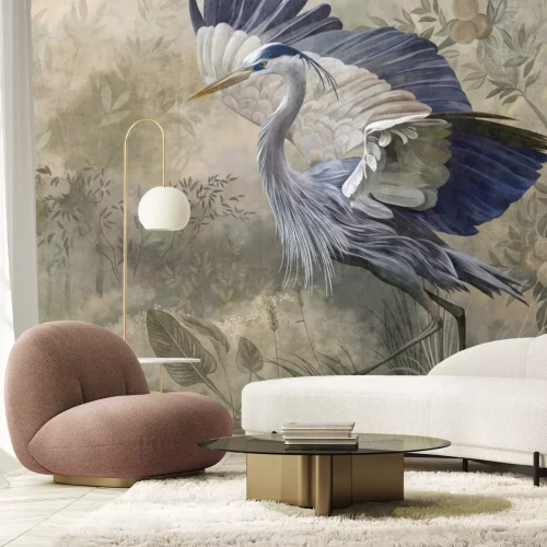 Papier peint  Composition de héron et de plantes tropicales
