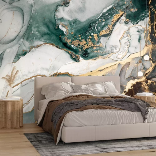 Papier peint  Marbre abstrait avec des accents verts et dorés