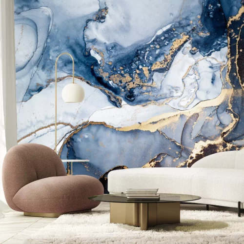 Papier peint  Composition en marbre bleu avec des veines d'or