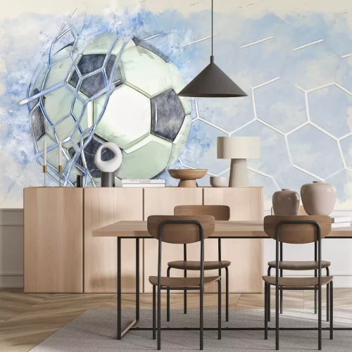 Papier peint  Ballon de football dans un filet sur un fond aquarelle bleu