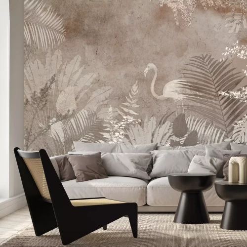 Papier peint  Une composition avec un flamant rose parmi la végétation tropicale