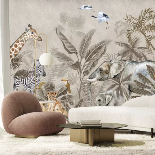 Papier peint  Animaux de safari dans une jungle tropicale parmi les palmiers