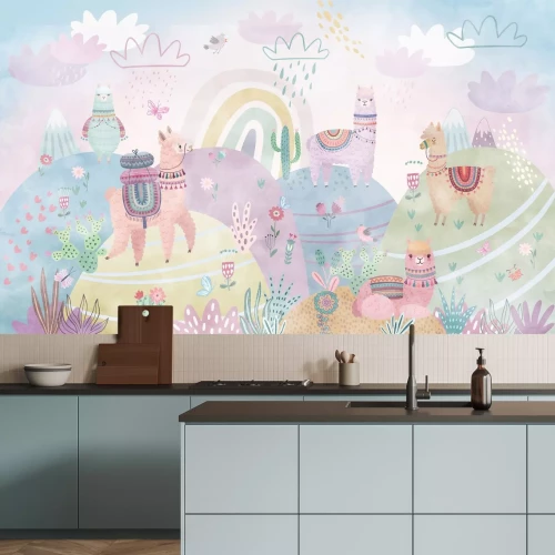 Papier peint  Lamas dans un monde de conte de fées, motif coloré pour enfants