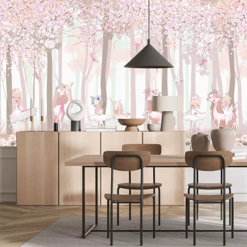 Papier peint  Princesses et licornes dans une forêt de conte de fées avec des fleurs