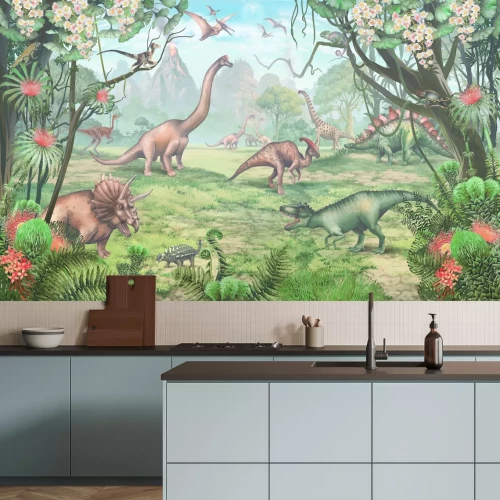 Papier peint  Dinosaures parmi des plantes tropicales sur fond de volcan