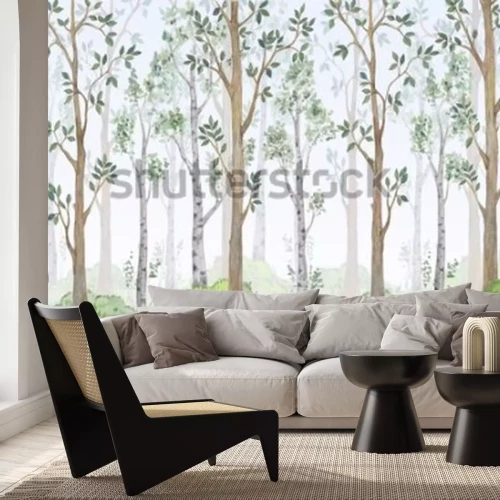 Papier peint  Paysage aquarelle d'arbres dans la forêt