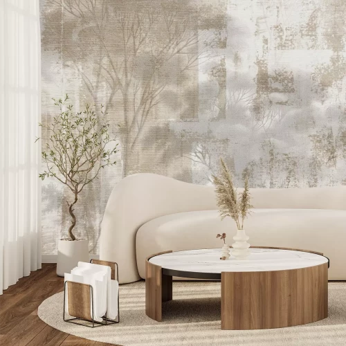 Papier peint  Paysage d'arbres sur fond cartonné aux couleurs beiges