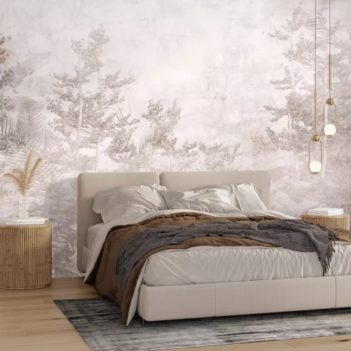 Papier peint  Motif botanique monochrome d'arbres et de plantes tropicales