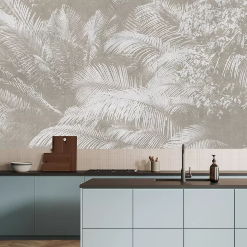 Papier peint  Feuilles de palmier lumineuses sur un fond texturé beige