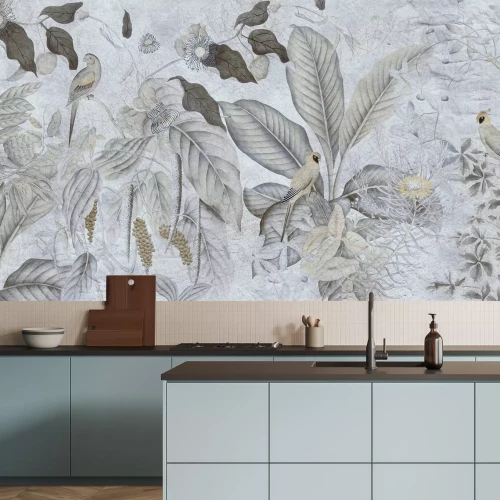 Papier peint  Oiseaux et plantes tropicales sur fond texturé, motif botanique