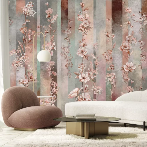 Papier peint  Fleurs sur vigne avec un fond rayé