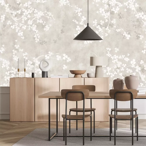 Papier peint  Branches d'arbres à fleurs blanches sur fond beige