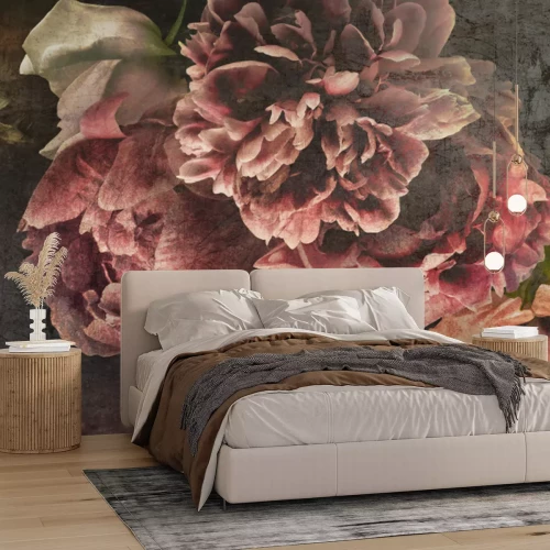 Papier peint  Fleurs de pivoines rouges romantiques sur fond sombre