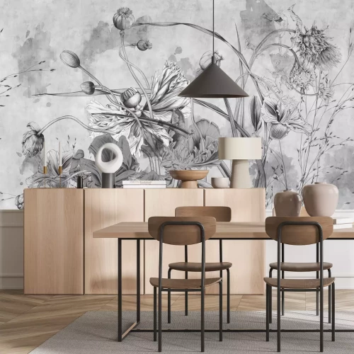 Papier peint  Fleurs sauvages et coquelicots aux couleurs grises