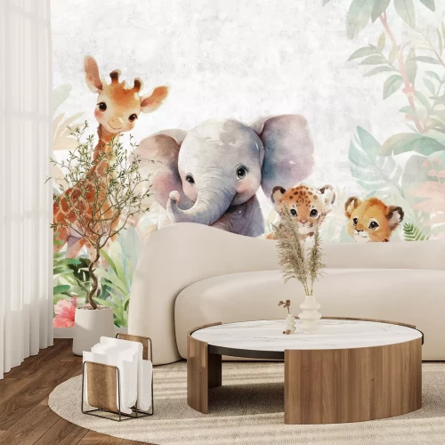 Papier peint  Motif animal et feuille à l'aquarelle pour enfants