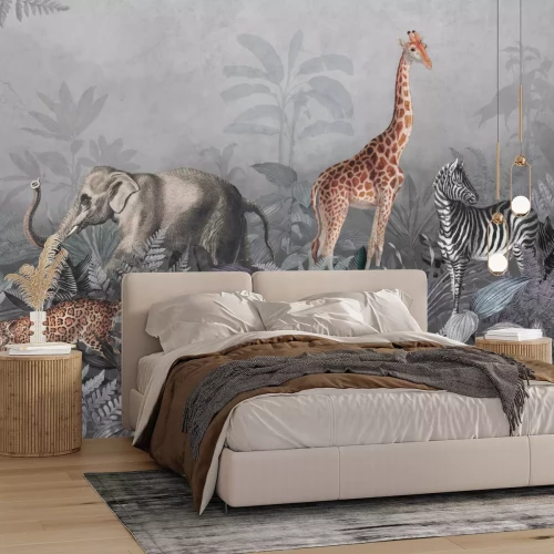 Papier peint  Safari d'animaux sauvages parmi les plantes tropicales dans une jungle tropicale