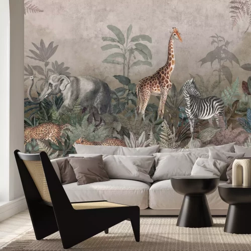 Papier peint  Animaux de safari et plantes tropicales dans la jungle dense