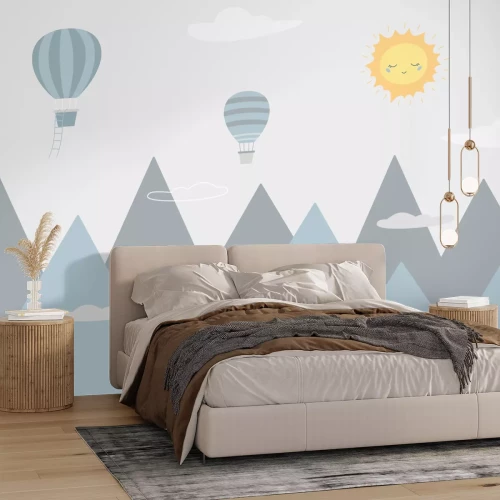 Papier peint  Soleil et ballons au-dessus d'un paysage de montagne