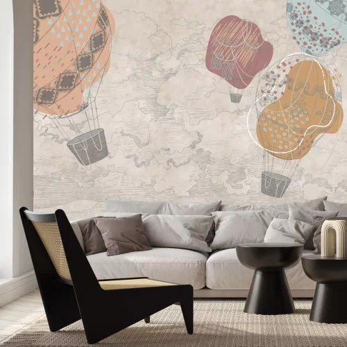 Papier peint  Paysage de style croquis beige avec des ballons