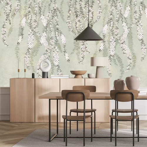 Papier peint  Branches avec des fleurs épanouies suspendues au-dessus