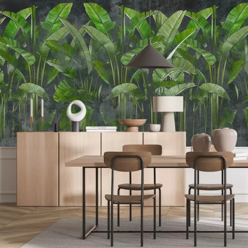 Papier peint  Feuilles de bananier tropicales vertes sur fond texturé