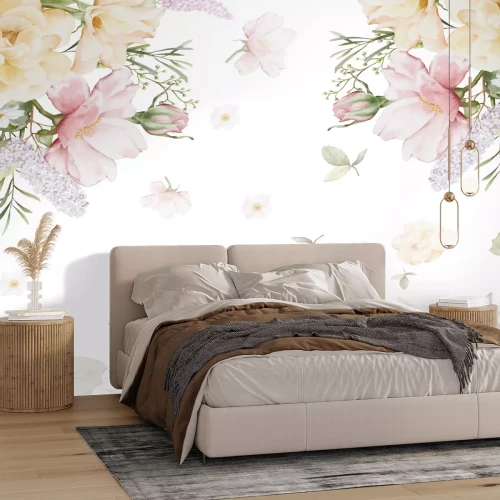 Papier peint  Aquarelle de fleurs et de feuilles sur fond blanc