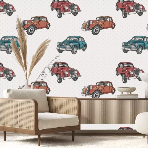Papier peint  Voitures rétro sur fond à pois