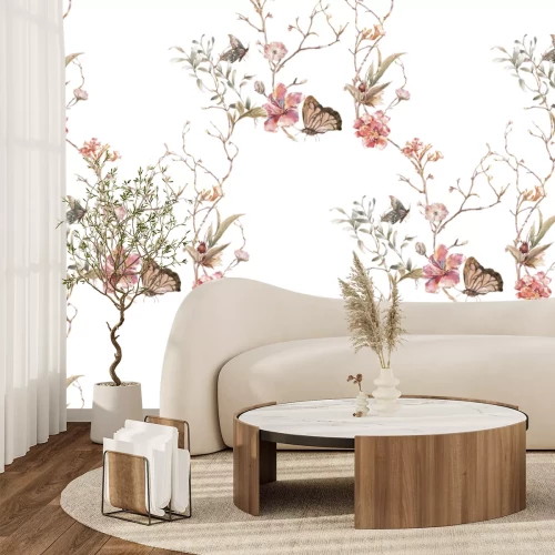 Papier peint  Papillons et fleurs dans un style aquarelle sur fond blanc