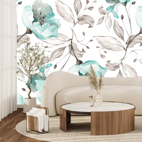 Papier peint  Fleurs et feuilles peintes à l'aquarelle sur fond blanc