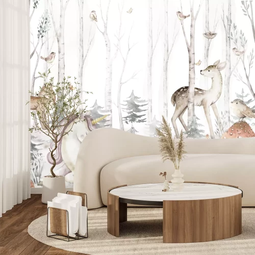 Papier peint  Une licorne et des animaux parmi les arbres dans une forêt de conte de fées