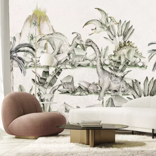 Papier peint  Dinosaures et plantes tropicales sur fond de volcan