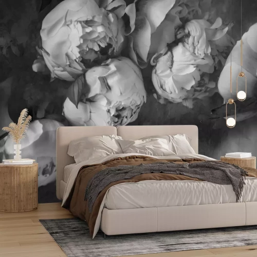 Papier peint  Motif de fleur de pivoine noir et blanc