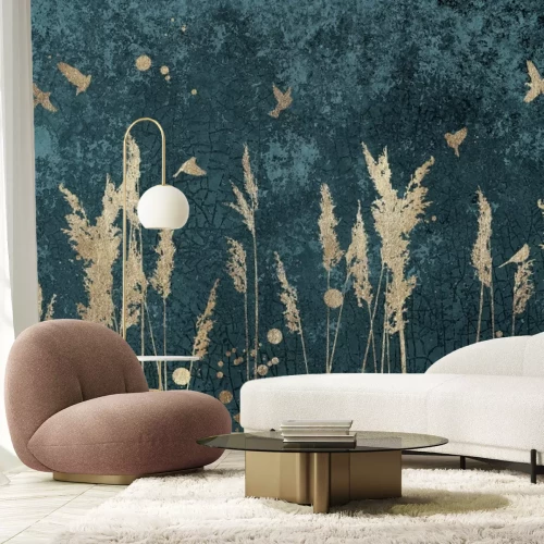 Papier peint  Graminées et oiseaux sur fond de béton