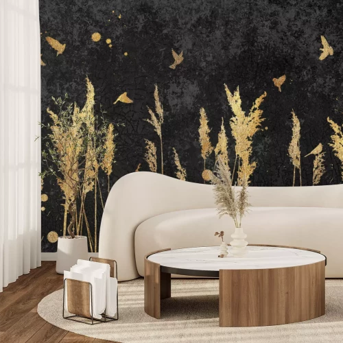 Papier peint  Graminées et oiseaux sur fond de béton noir
