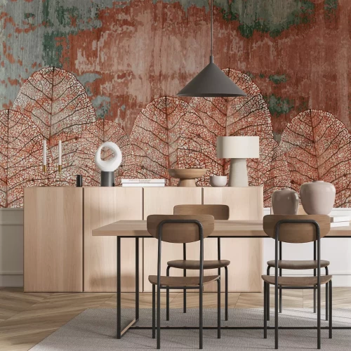 Papier peint  Feuilles 3D sur fond texturé