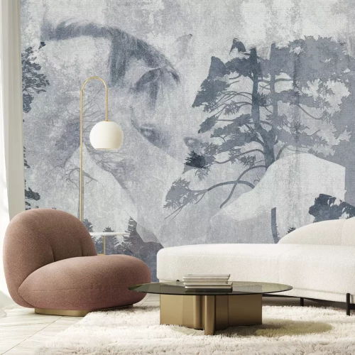 Papier peint  Chevaux dans un paysage forestier, portrait abstrait