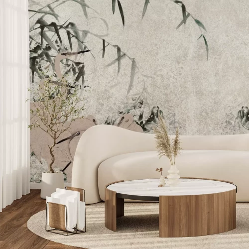 Papier peint  Hérons et branches de bambou vertes