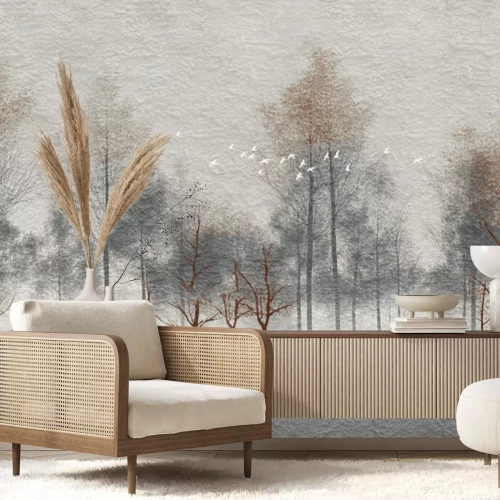 Papier peint  Oiseaux blancs et paysage forestier brumeux