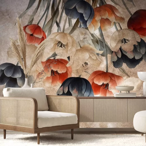 Papier peint  Tulipes rétro sur fond texturé