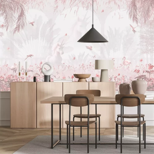 Papier peint  Licorne et flamants roses parmi des fleurs et des plantes roses